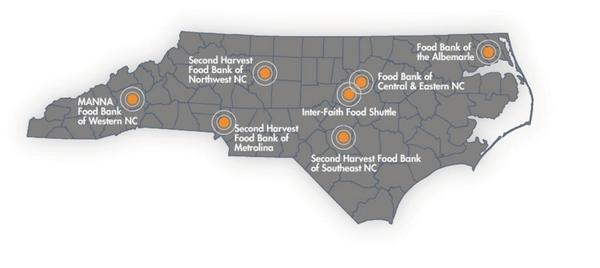 Figure 2. Map of the North Carolina food banks and the food reco
